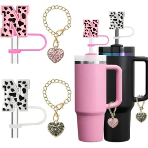 （2+2）2 PCs Straw Cover for Stanley Cup 30 & 40 Oz Tumbler Accessories, Leopard Initial Letter Straw Topper Cap Protector Lid with 2 PCs Bling Diamond Heart Stanley Handle Charms