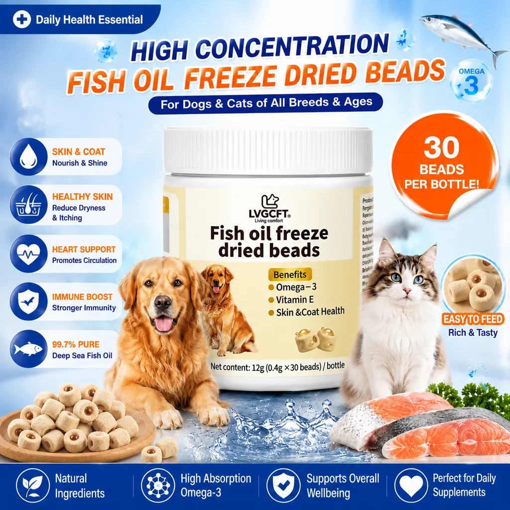 Omega-3 for Cats and Dogs nutritional supplement  soft chew dog treat Pet Deep-Sea Fish Oil + Collagen Vtamin E  Freeze-Dried Granules Promotes healthy coat and skin in pets Supports canine health care 30 granules per jar