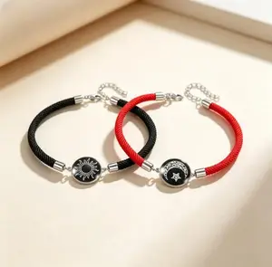 Sun and Moon Glow-in-the-Dark Couple Bracelets, Matching Red & Black String, Long Distance Relationship Gift