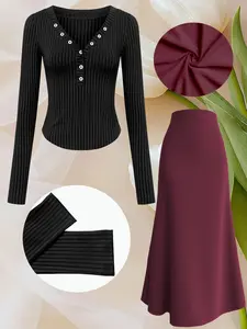 V Neck Half Button Knit Long Sleeve Sweater Set, Drapey Tailored Long Skirt, High-End Commuter Style Two-Piece, Casual Fitted Suit