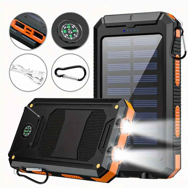 10000mAh Solar Power Bank, Solar Powered Phone Charger, Portable Fast Charging Device with Dual Ports-Dual USB-A Output, Waterproof Outdoor Emergency Supply