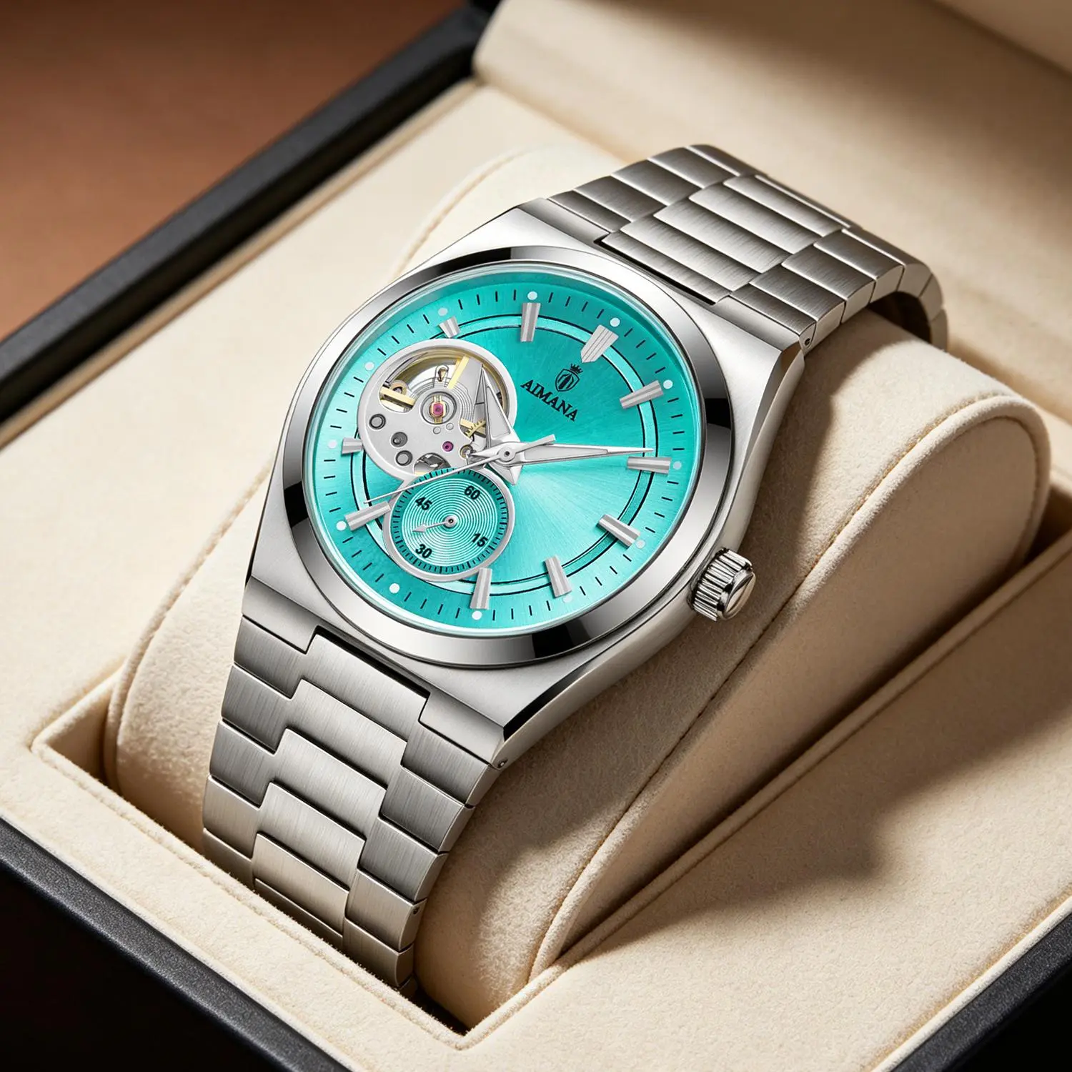 DSP-AIMANA-SB-8807-Y New hollowed out fully automatic mechanical watch for men, silver strap and blue dial, trendy design, sports and fitness, basic waterproof, versatile steel strap watch for business and leisure men's watch.