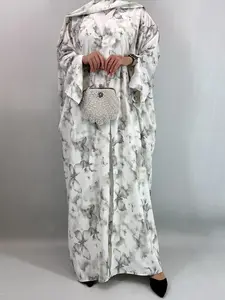 [Includes Hijab]Women's Modest Art Print Batwing Sleeve Long Robe Set with Headscarf, Loose-Fitting Vacation Style Cardigan with Pockets, Fall & Winter Fashion, Abaya Hijab Set