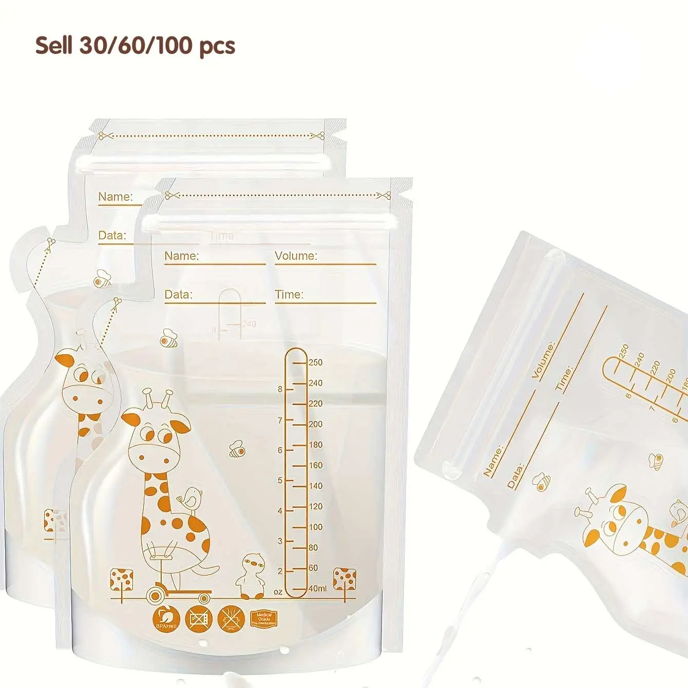 100/60/30pcs Pack, 8oz/250ML Nursing Breastmilk Storage Bags, Double-Sealed with Pour Spout, Self-Standing, Space-Saving for Refrigeration and Freezing, Breast Milk Containers