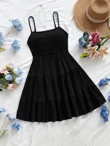 Women's Thin Strap Dress, Womenswear Ruffle Hem Mini Summer, Vacation Wear, Stylish and Comfortable, Perfect for Hot Days