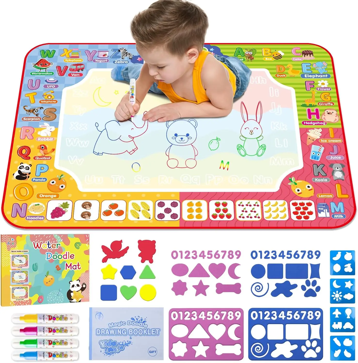 Water Doodle Mat 32x24 Inches Kids Educational Drawing Toy with Letters Shapes & Colors for Boys Girls Ages 3-8 Christmas Birthday Gift Art Markers Art Supplies, Drawing Pens Set