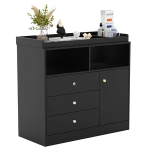 Garvee Modern Wooden Baby Changing Table Dresser in Black with 2 Open Shelves, 3 Drawers, and 1 Cabinet - Functional Nursery and Bedroom Storage Solution