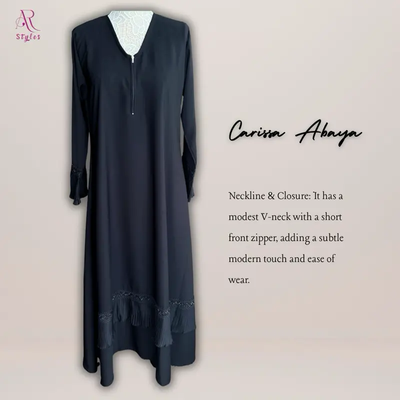 AR Styles Carissa Abaya Black Dress with Embroidered Panels, Short Front Zipper, Lightweight Tulle Pleated Fabric, Modest V-Neck Design