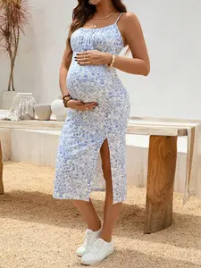 ALLITA Maternity Floral Print Holiday Dress With Side Slit Hem And Spaghetti Straps Boho, Bohemia Vacation Outfits Blue Maternity Dress Sundress Summer