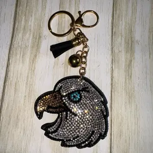 Eagle Blingy Keychain with Rhinestones, Gold Color, Tassel, and Chain Design