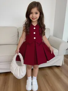 Girls' Fashion Casual Loose Comfortable Academy Style V-Neck Single Button Vest Bow Pleated Skirt, Stylish Daily Wear Clothes Kids