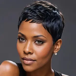 Fashion New Hot Pixie Cut Human Hair Wig for Women - 180% Density, Machine-Made Remy, Non-Lace with Rose Net Cap, Basic Style, Glueless Straight Wig with Bangs for Daily Use, Everyday Hair Wig |   Sleek Pixie Cut |   Durable Wig Constructio