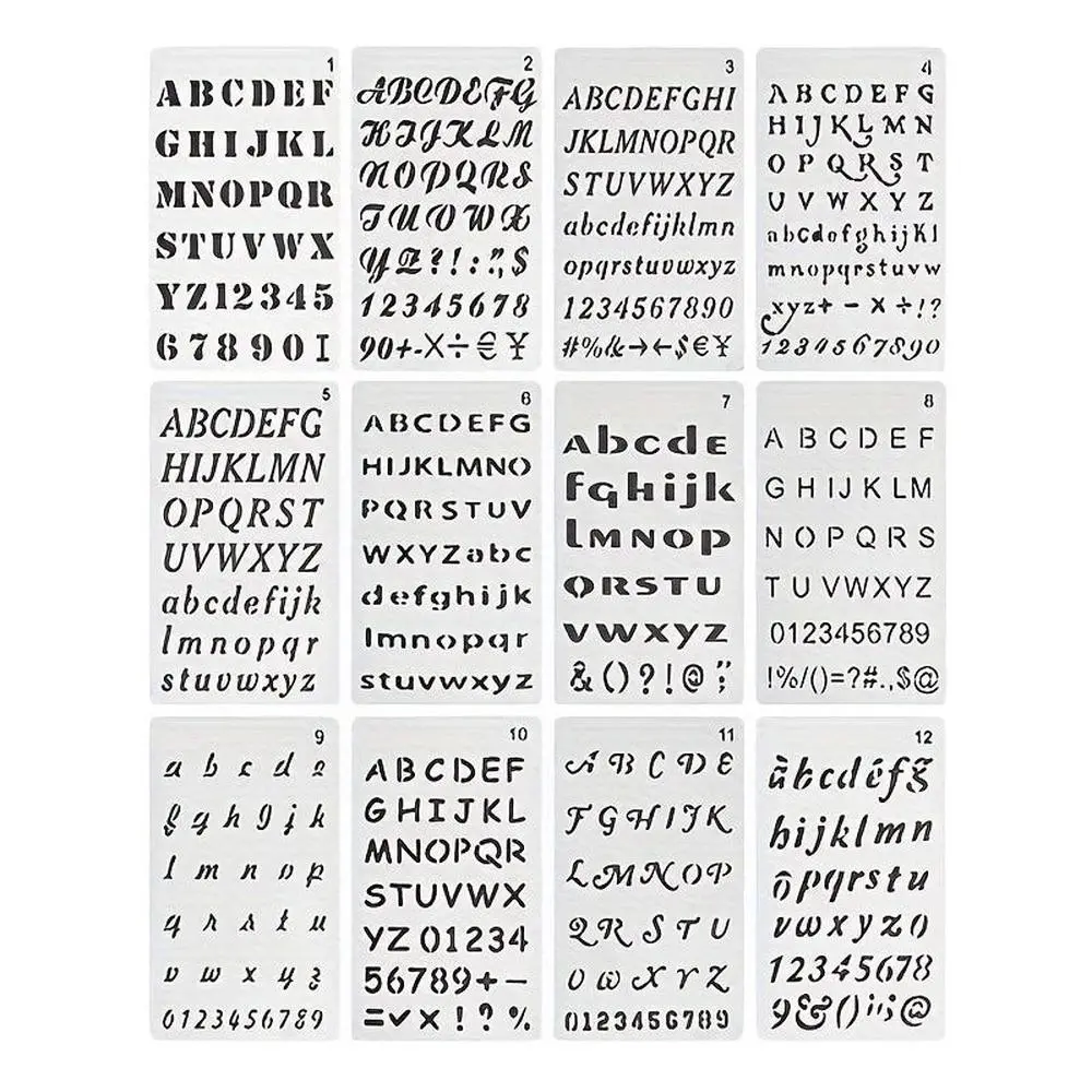 12pcs Reusable Letter Stencils, Plastic Alphabet Letter Number Drawing Painting Stencils, DIY Drawing Template