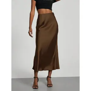 Women's High-Waist Satin Midi Skirt - Elegant Solid Black, Flared Design, Perfect for Dates & Work, All-Season Polyester Skirt, Office Wear Skirt|   Flared Skirt Style|   Quality Construction