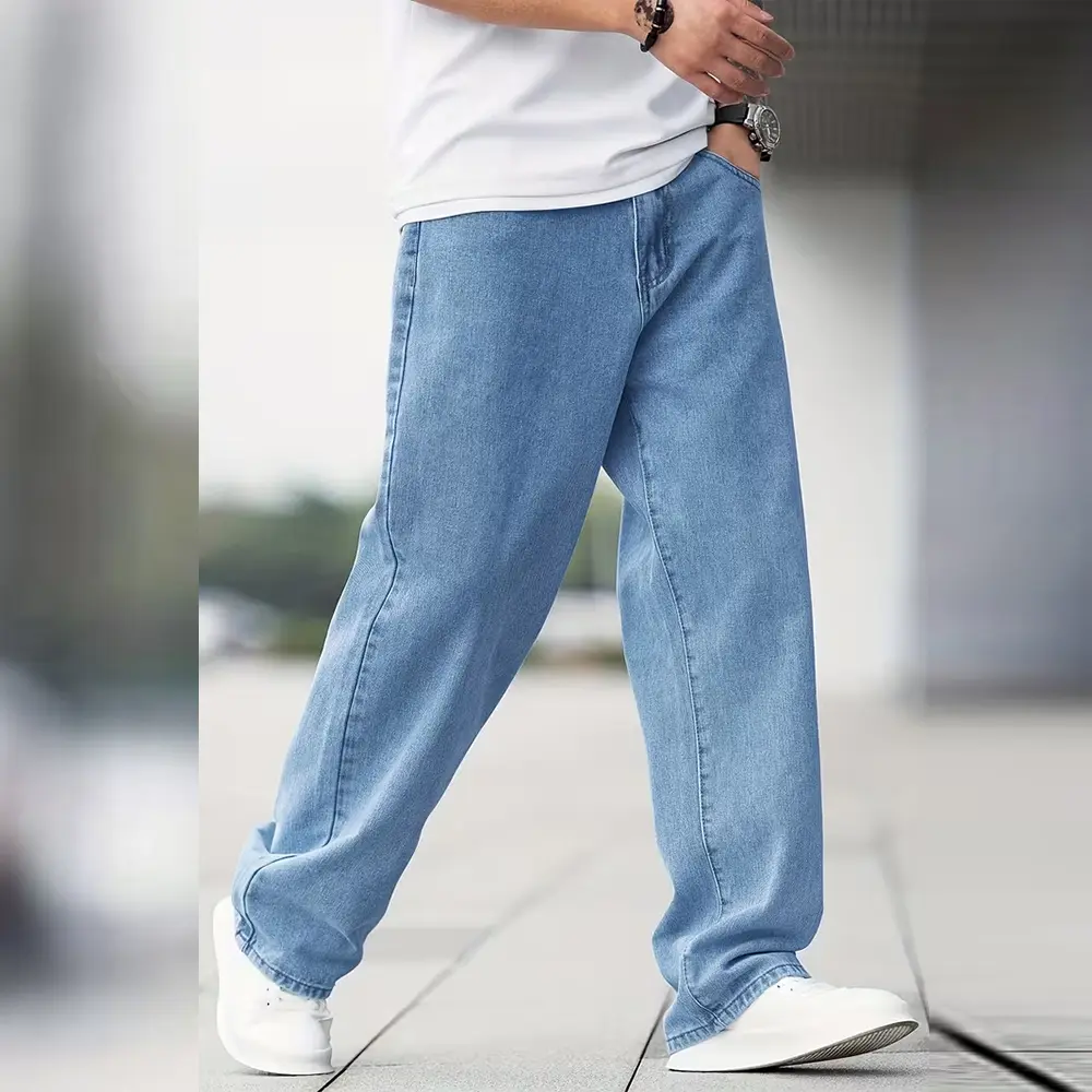 Men’s loose-fit cotton stretch denim wide-leg skate jeans with slant pockets, blue washed denim fabric, summer casual street style, American Y2K workwear cargo long pants for city commuting