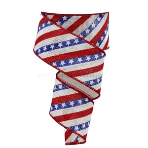 2.5"X10Yd Diagonal Stripes W/Stars Natural Silver/Royal/Red RGE1060