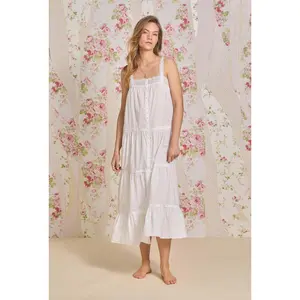 Women's Ballet Nightgown in 100% Cotton Lawn | Sleeveless Long Nightwear with a Flowy Fit, Lace Trim, and Nursing-Friendly Design
