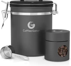 Coffee Gator Coffee Canister Airtight, 16Oz Stainless Steel and 4Oz Borosilicate Glass Travel Kitchen Food Storage Container with Date Tracker, Scoop for Beans, Ground, Sugar, Tea, Cookies Jars