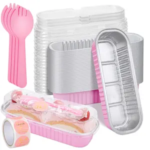 25 Pack Pink Mini Cake Pans with Lids Mini Loaf Pans and Spoons and Stickers, 6.8 Oz Aluminum Foil Pans Tins, Individual Dessert Cups Containers for Sales,Party,Picnics