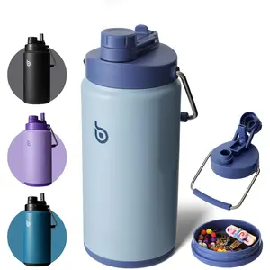 Insulated Water  64 oz with Straw and Dual-use Lid Half Gallon Water Jug Vacuum Stainless Steel for Workout  Insulated  Growler with Handle and Pills Holder Blue