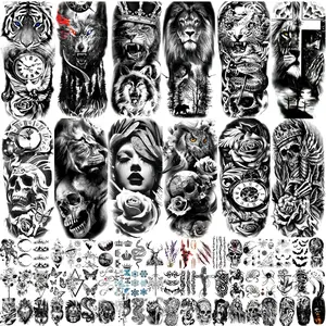 82 Sheets Temporary Tattoo Set for Men Women Adults 12 Sheets Black 3D Half Sleeve Tattoos Halloween Scary Lion Wolf Tiger Skull Skeleton Stickers Waterproof Realistic