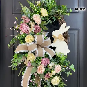 Easter Bunny Wreath (Artificial Plant Vine Circle/Rabbit Decor) with Pastel Flowers & Greenery - Rustic for Door Hanging, Party Decoration, and Home Festive Accent, Home Decor Ornament