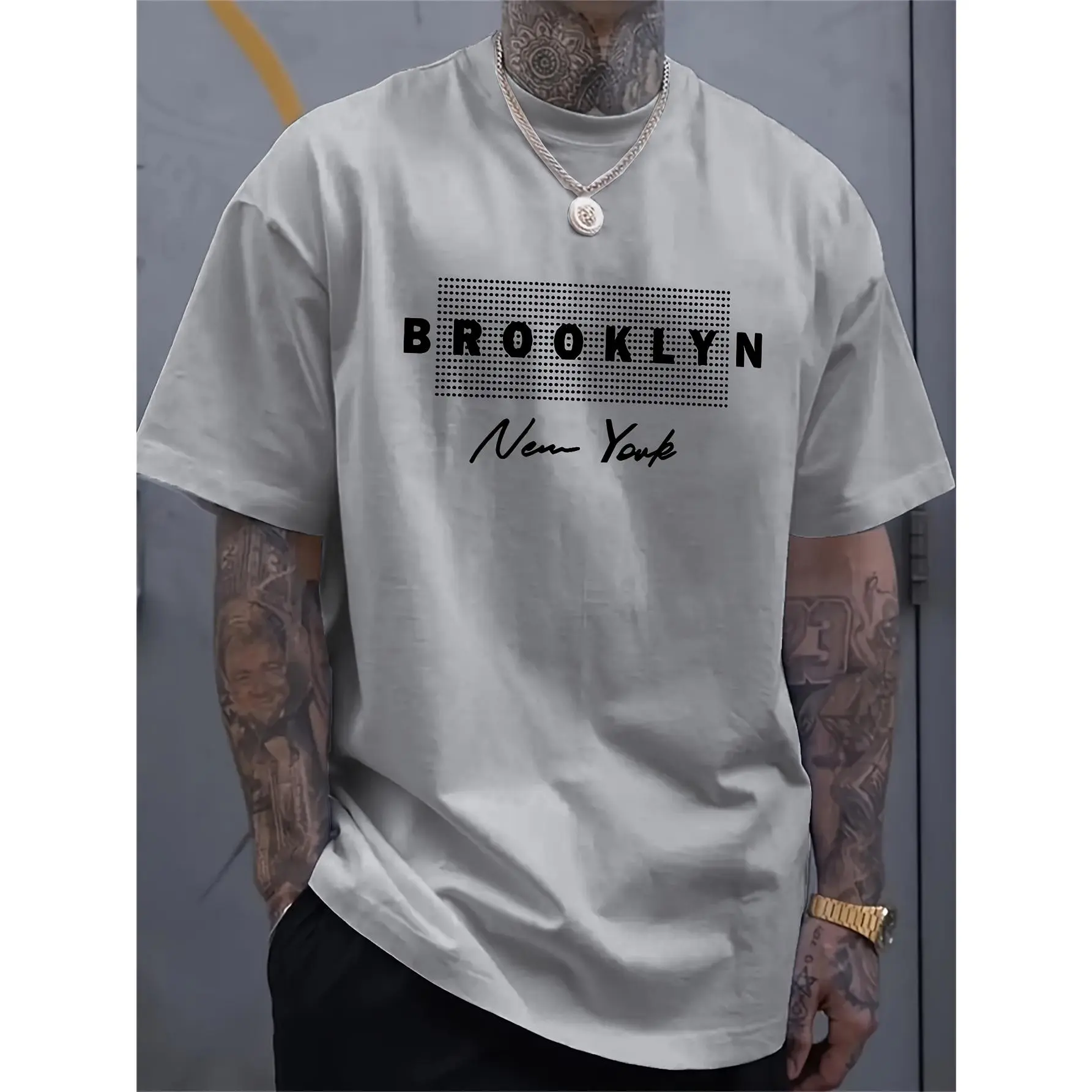 Men's Regular Fit Short-Sleeve Round Neck Brooklyn Graphic T-Shirt - Comfortable Stretch Polyester-Elastane Knit Top, All-Over Print, All Seasons Sports & Outdoor Apparel