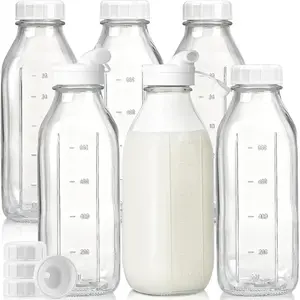 Glass Milk Bottles With 100% Airtight Heavy Duty Screw Lid & 2 Dispensers 6 Pack 32 Oz Drinking Jars Food Grade for Milk Honey Jam Dishwasher Safe Extra 2 Lids and Stickers