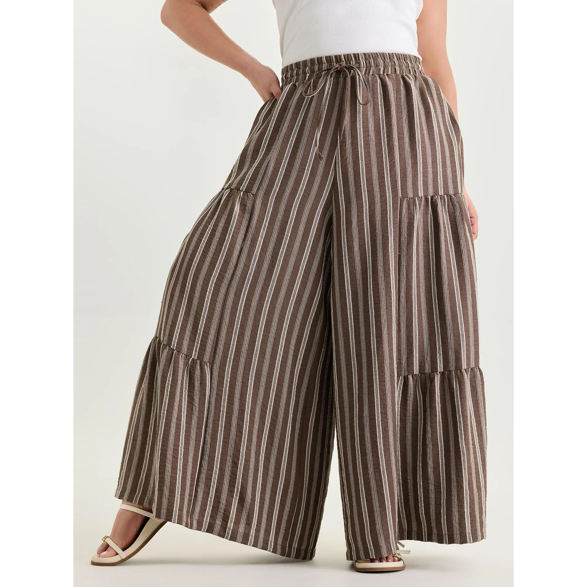 BloomChic Women's Plus Size Basics Mid-Rise Fitted Striped Trousers - Smooth Polyester-Rayon Blend, Lace-Up Detail, Pockets - Summer Lady Bottom Clothes