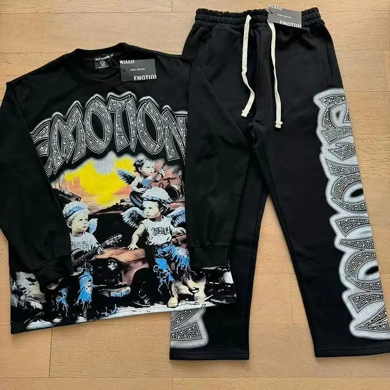 Men's Streetwear Tracksuit, Rhinestone Angel Graphic Zip-Up Hoodie and Trouser 2-Piece Set, Casual Menswear