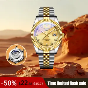 VEADONS Gold Mechanical Watch - Waterproof, Luminous, Stainless Steel for Business Travel & Everyday Wear with Day Date Display & Comfortable Design