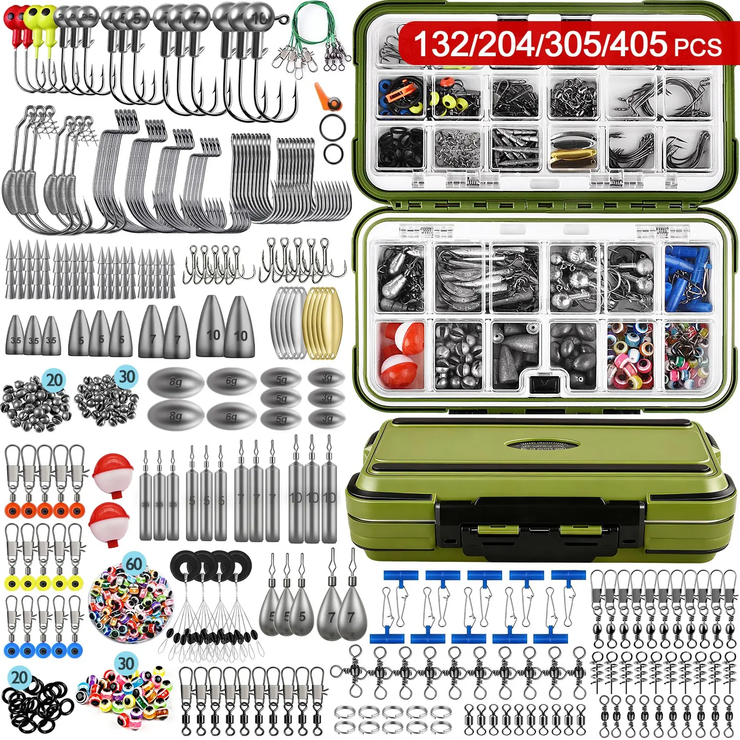 132/204/305/405pcs Fishing Accessories Kit, Outdoor Fishing Supplies, Fishing Tackle Box with Lures, Hooks, Weights, Sinkers & Spinner Blades, Tackle Organizer Gear Set for Bass & Trout, Complete Fishing Kit, Tackle Kits