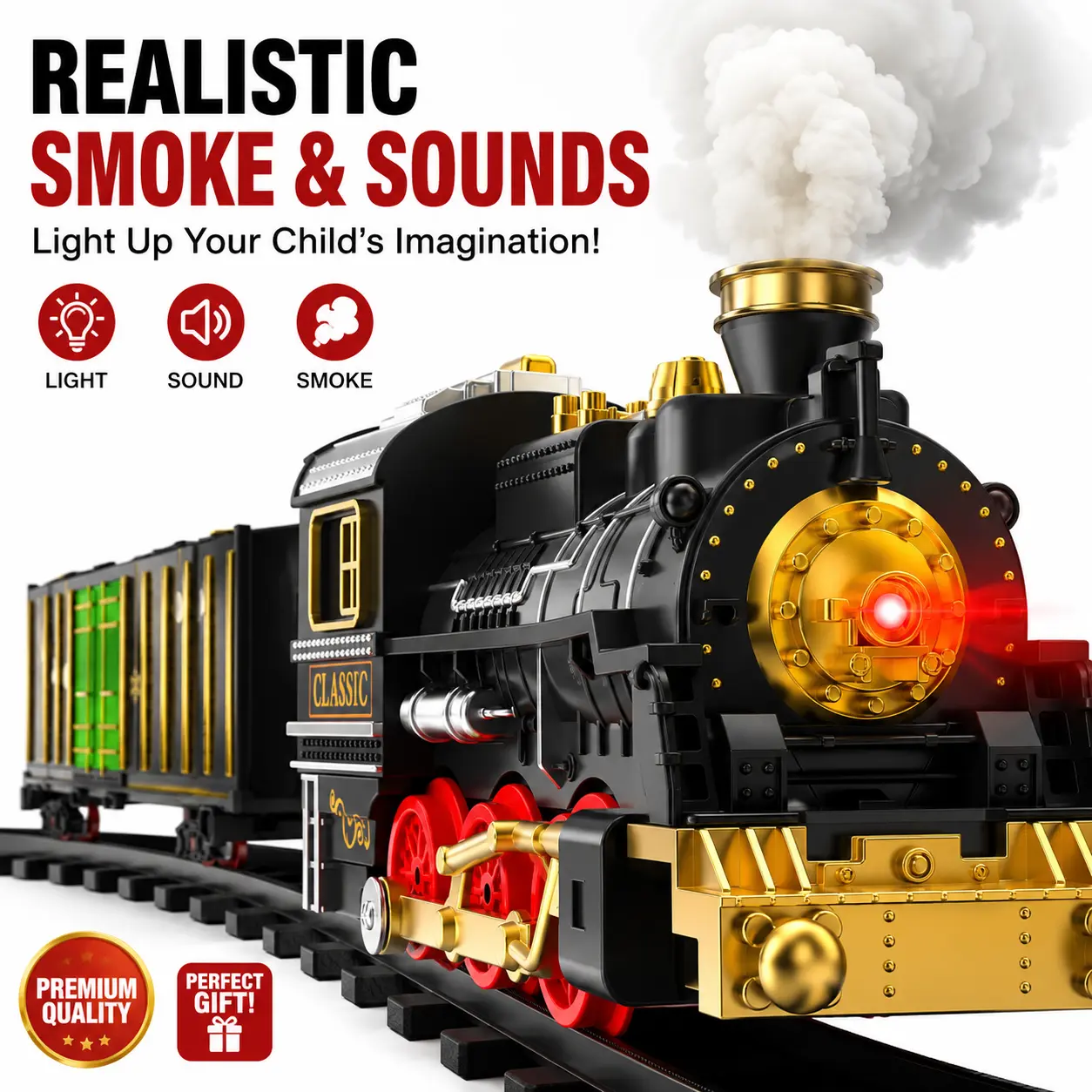 Classic Electric Train Toyset for Kids 3 and Up - Electric Railway Toy with 1 Steam Locomotive, 2 Cargo Cars, 3 Straight Tracks, 8 Curved Tracks, Realistic Smoke, Sounds, Lights, Upgraded Design, Ideal Birthday Gift for Boys & Girls