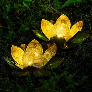 AIINY 2-Pack Outdoor Solar-Lit Decorative Lamps, Amber Crackle Globe Glass Lotus, Waterproof Orange Metal LED Flower Lights for Patio, Lawn, Garden Gifts for Women