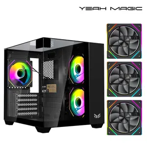 YEAH MAGIC CUBE Gaming ITX Computer Case Tempered Glass Three-sided Transparent Support Small-Tower With 3 RGB Fans 3D Panoramic View MATX Gaming Desktop Chassis Black