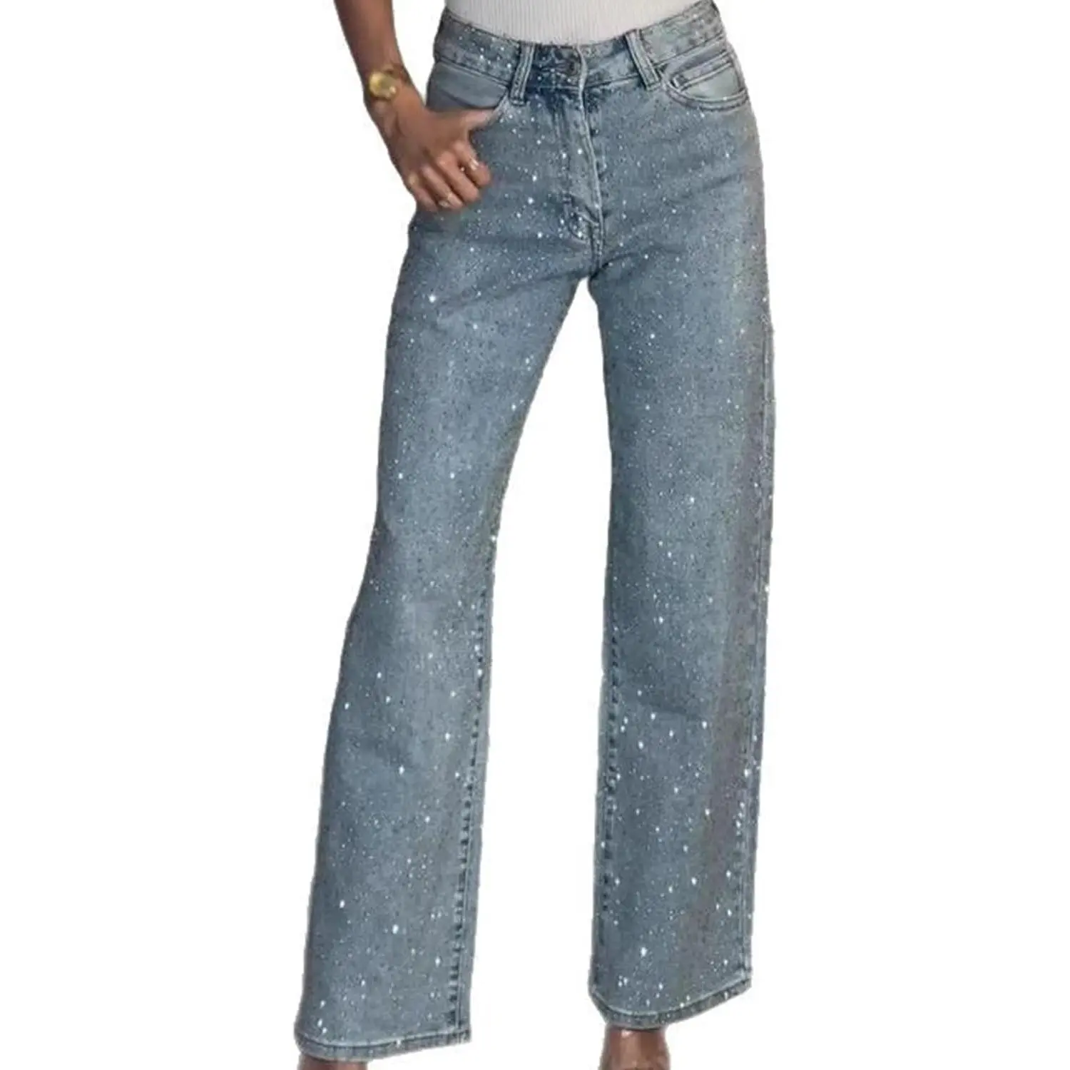 Straight Leg Jeans Rhinestone High Waisted Pearl Boyfried Denim Pants Sparkly Bling Glitter Bedazzled Jeans Women