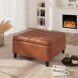 [SummerVibes] Vabches Tufted Square Ottoman Coffee Table with Storage, Leather Upholstered Cube Storage Ottoman, Oversized Footrest Stool Toy Box Storage for Livingroom Bedroom
