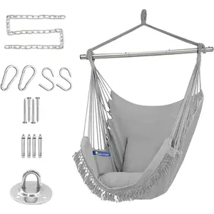 Hammock Chair  Rope Swing Max 500lbs, 2 Seat Cushions Included,  Chair with Pocket-Quality  Weave for  Comfort & Durability (Gray)