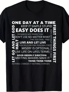 Men'S Vintage AA Meeting Inspirational Slogan T-Shirt - 12 Step Recovery Design with "One Day at a Time" & "Easy Does It" Phrases, Comfortable Casual Short Sleeve Round Neck Tee for Addiction Recovery Support, Casual Attire & 12-Step Anonymous Appar