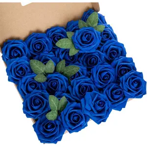 25pcs Artificial Flower Foam Rose Real Touch Roses Flower Heads with Stem for DIY Wedding Bouquets Centerpieces Arrangements Party Baby Shower Home Decor Vibrant Faux Flowers (Royal Blue)
