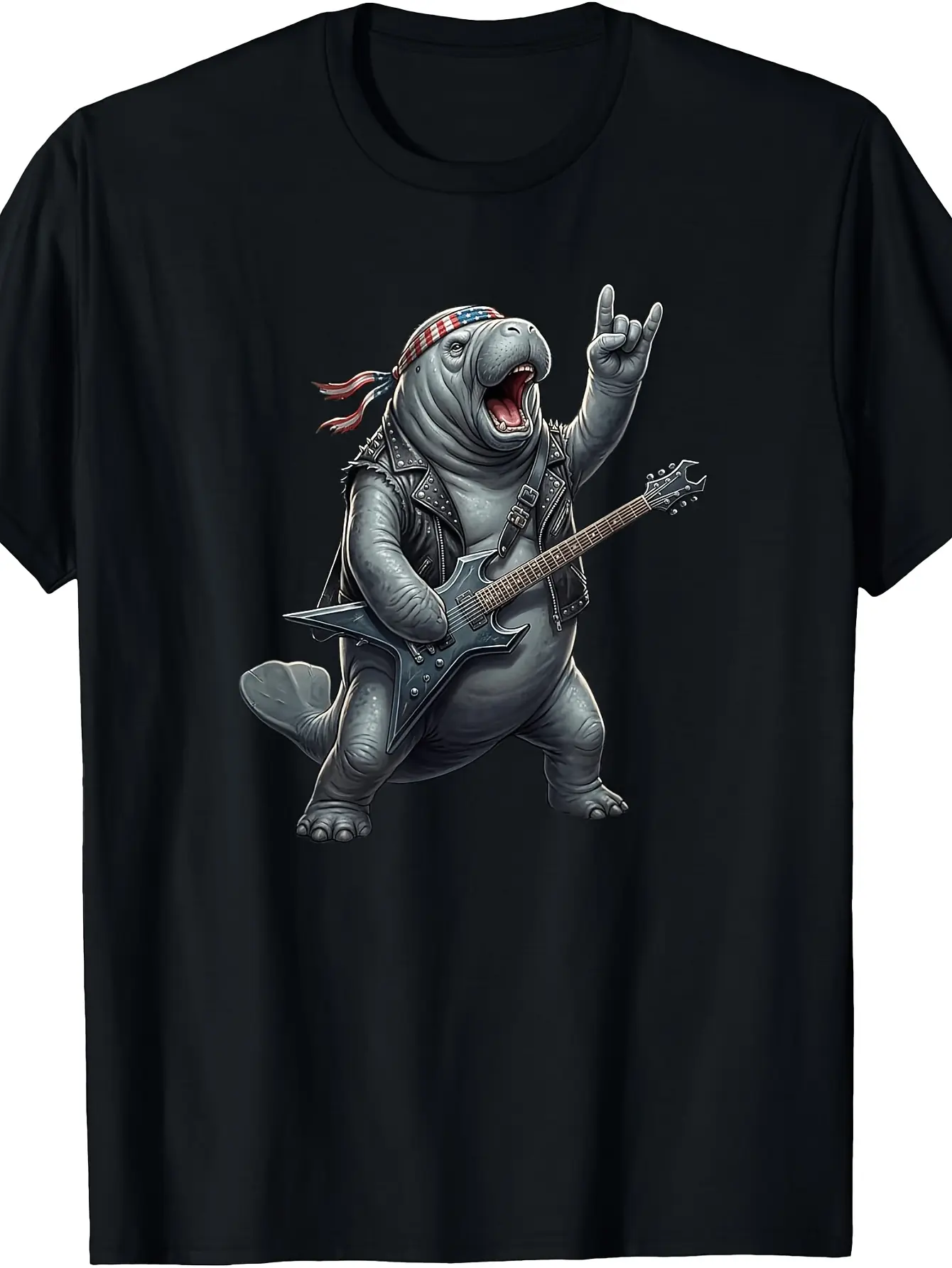 Men' Retro Manatee Music T-Shirt - Funny Guitar  M unisex soft cotton short sleeve t shirt, vintage graphic casual tee for men women teens, perfect birthday holiday gift for camping travel gym daily street  wear