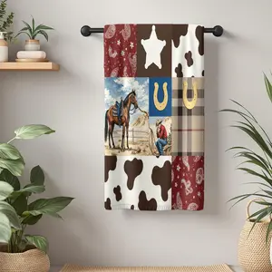 1Pc Western s with Horse Cowboy Star and Horseshoe Bathroom Hand Towel Bath Towel, Multiple Size Microfiber Towel, Ultra-Soft Quick Dry and Absorbent Polyester Large Bath Towel, Unique Home Decorative Kitchen Towels