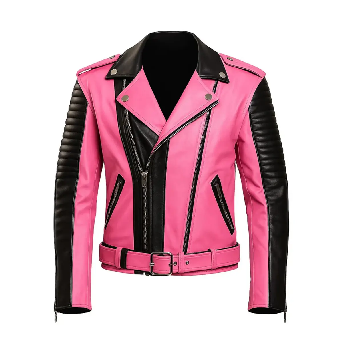 Men's Pink Black Quilted Leather Jacket, Casual Crossover Style with Zippers, Crossover Style Jacket by Hide Crafts