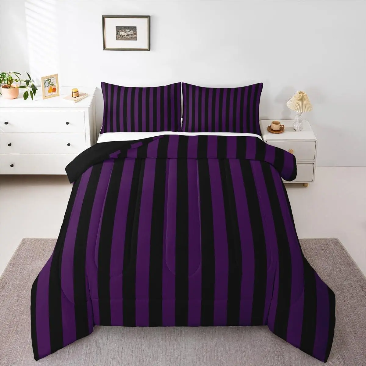 Dark Purple Black Bedding Set Abstract Stripes Comforter Set Geometric Duvet Quilt Bedroom Decor Breathable Soft Lightweight Microfiber Modern