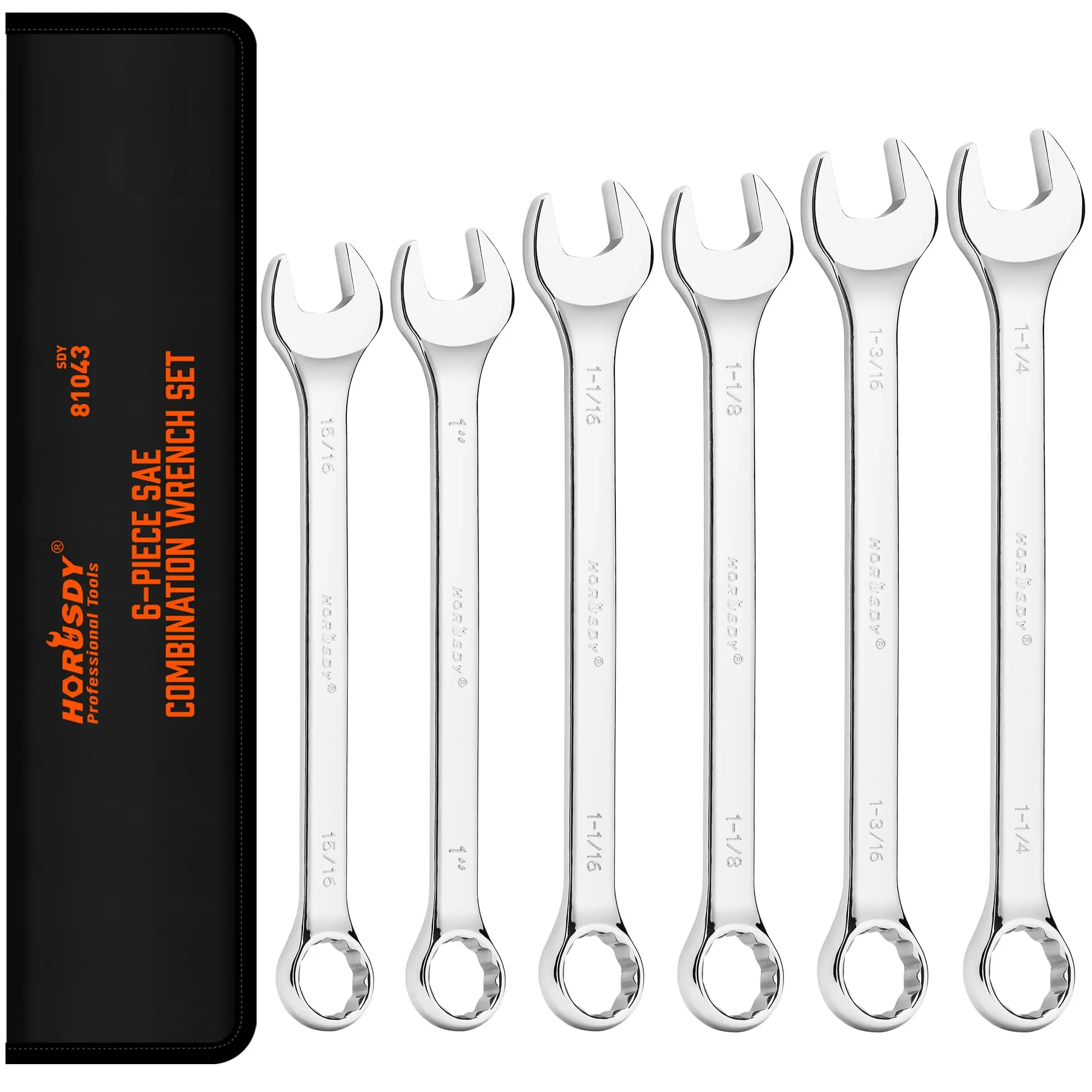 HORUSDY 6-Piece SAE 12-Point Hex Combination Heavy Duty Wrench Set, 15/16"-1-1/4" Polished Chrome Vanadium Steel Hand Tools, Rolling Pouch for Easy Organization