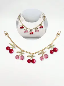 Cherry Shape Gold Color Accent Bag Chain Charms, Big & Small Cherry Handbag Charms, Chain Bag Accessory Cherry Purse Charms Chain Pink Cherry Bag Charm Chain Cherries Purse Chain Strap Replacement Purse Extender, Purse Accessories