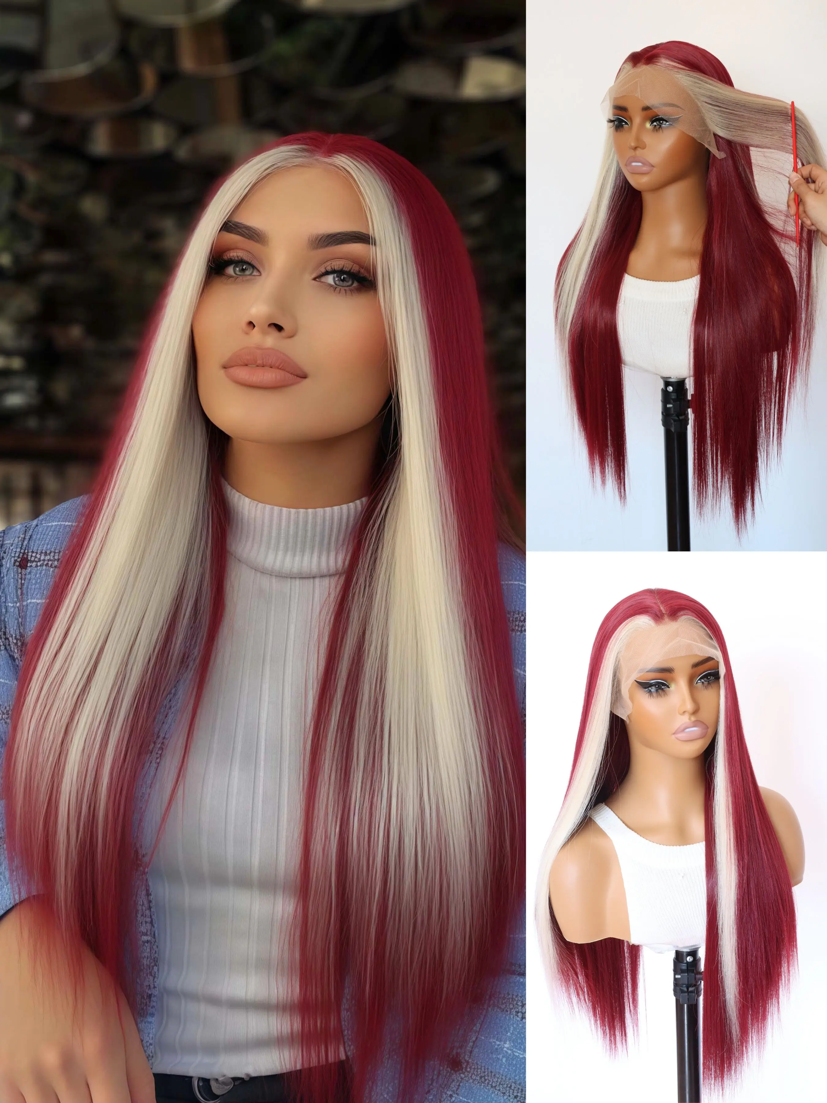 Burgundy Blonde Highlights 13x4 Lace Front Wig, HD Transparent Lace Front Wig, Pre-Plucked Natural Hairline Synthetic Fiber Wig, Free Part Straight Wig, Straight Wig for Music Festival Looks, Coachella Festival Matching Hairstyle