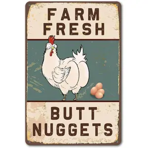 Funny Retro Chicken Coop Sign, Farm Fresh Butt Nuggets Outdoor Decoration, 8x12 Inch Chicken Yard Art, Metal Tin Sign, Durability, Unique Theme, Charm, Vintage Metal Sign