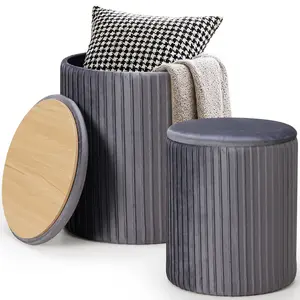 Nesting Storage Ottoman Set - 2-Piece Velvet Footstool with Flip-Top Tray & Hidden Storage, Stackable Coffee Table Ottoman for Small Spaces
