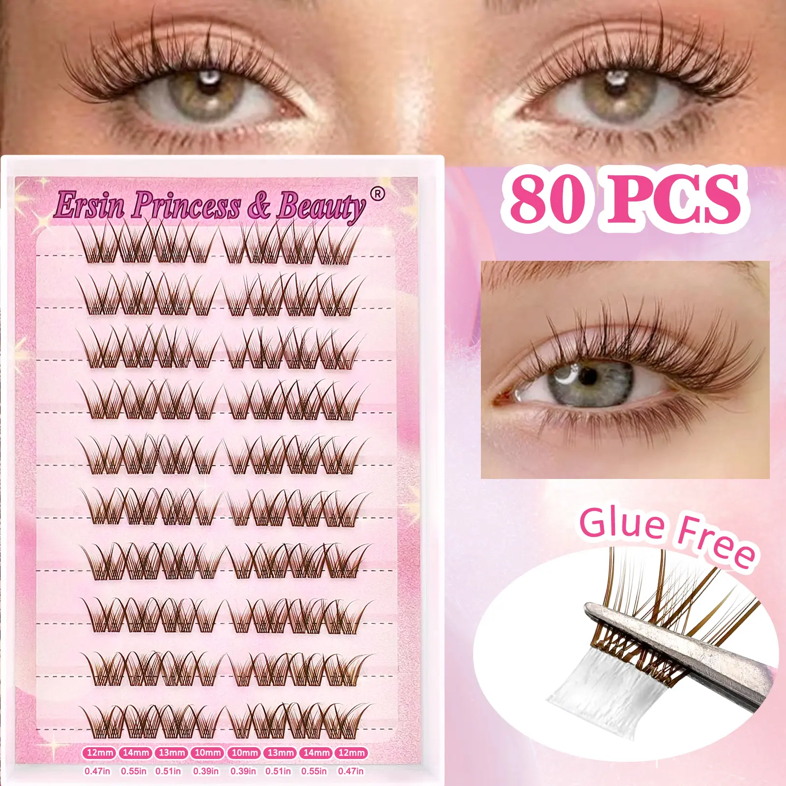 80 Pcs Self Adhesive False Eyelashes, Strip Lashes, Cross Design, Mixed Lengths 10-14mm, Curled and Voluminous, Anime Style Fake Lashes